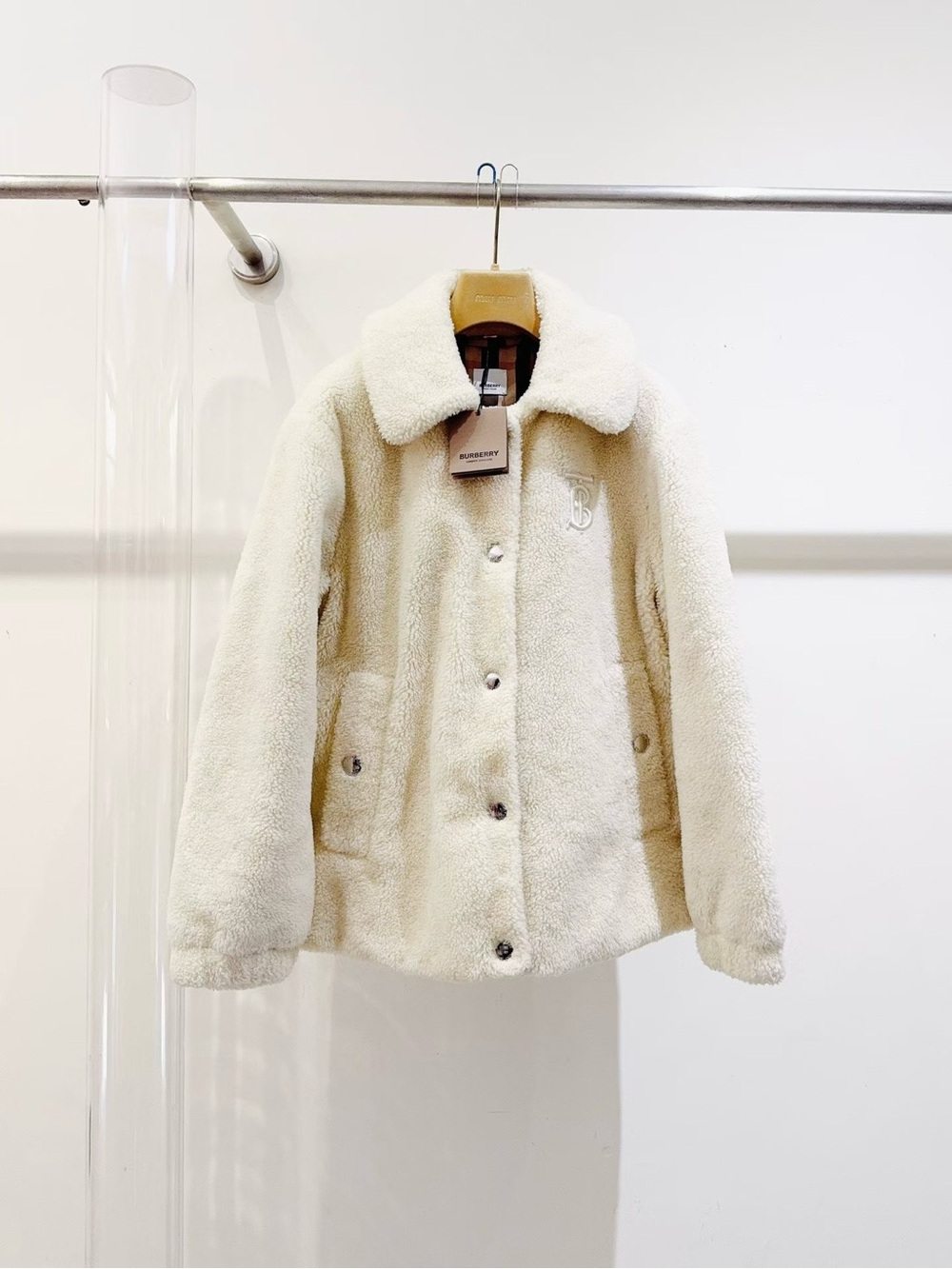 Burberry Off-White Teddy Jacket with Embroidered TB